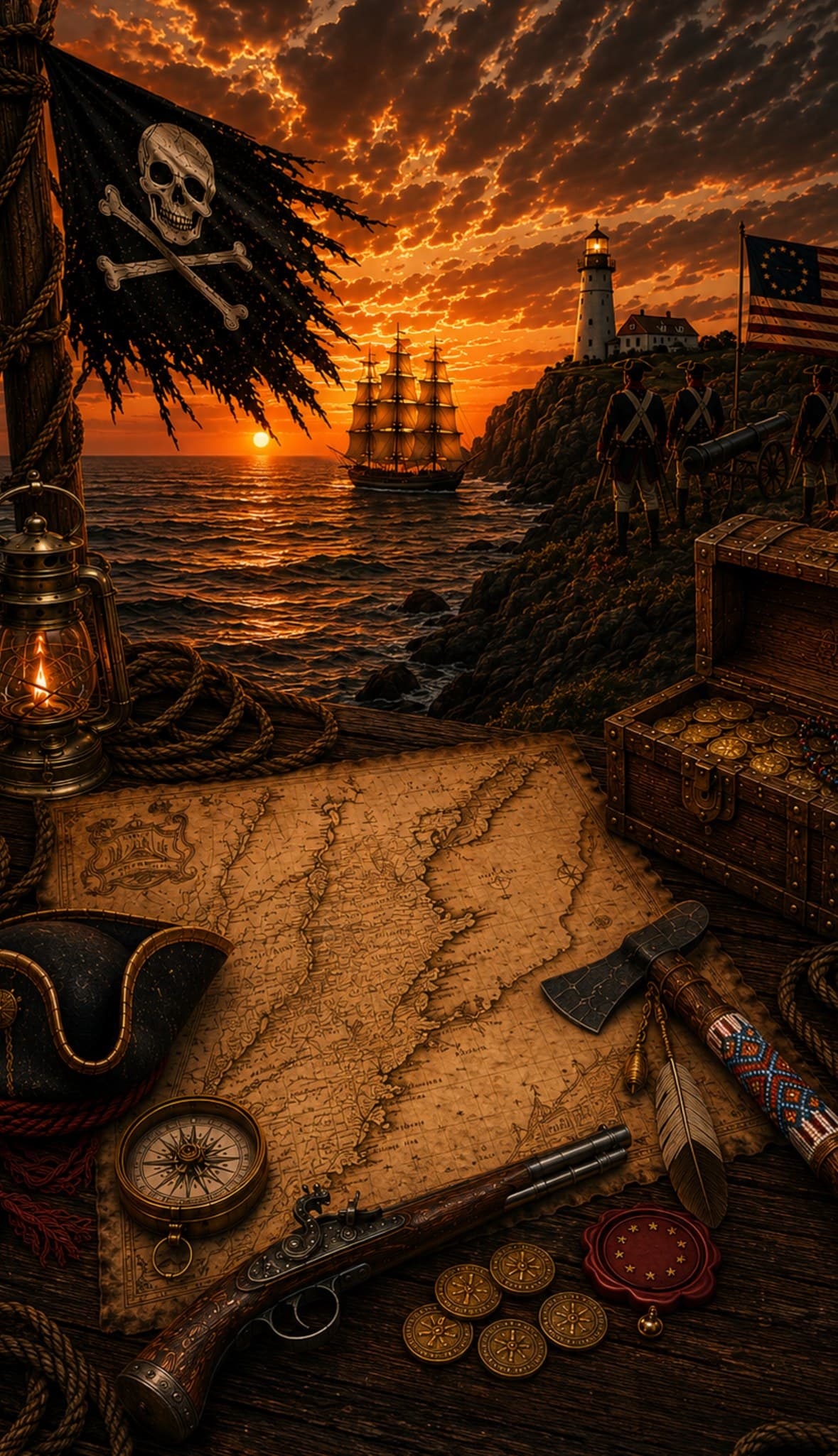 A pirate ship, a lighthouse, and colonial-era relics on the New England coast at sunset